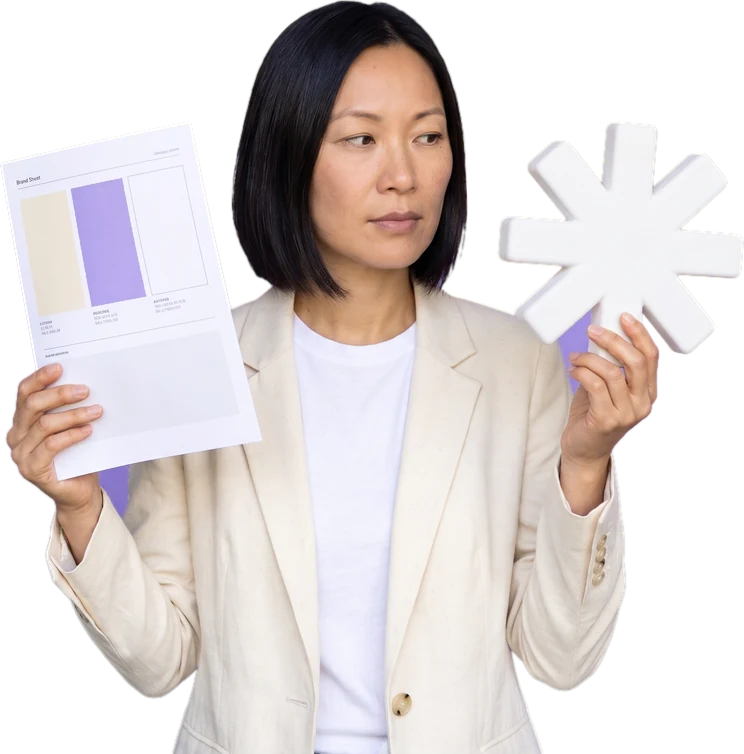A woman in a light coat looks aside, against a purple background.